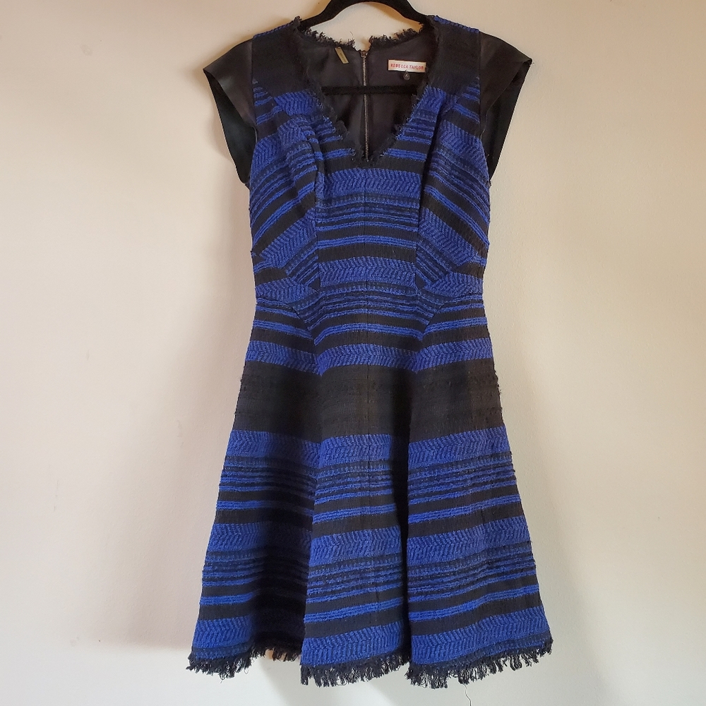 Rebecca Taylor Blue and Black Textured Dress with Leather Sleeves - Size 4 - Picture 1 of 5